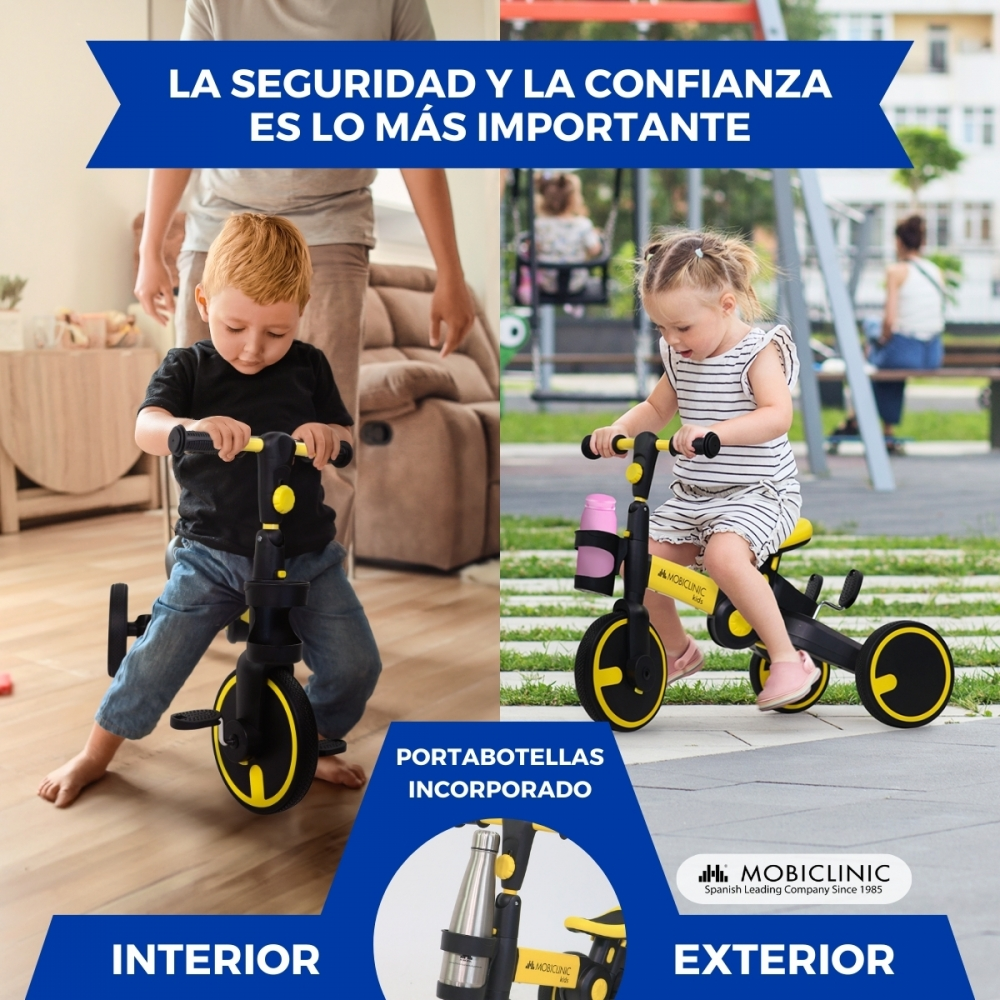 Niños montan triciclos en interior y exterior. Se ve un logo.