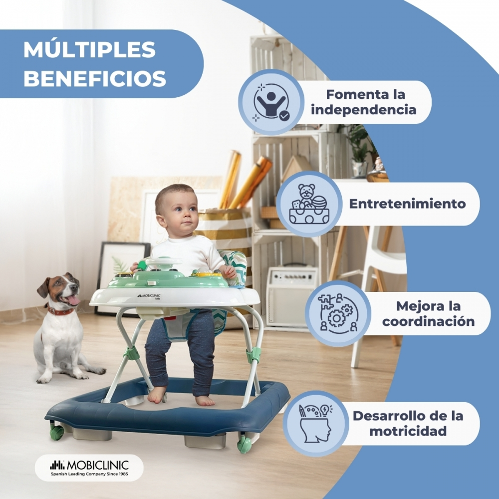 Un bebé en un andador con un perro al lado. Se enumeran varios beneficios.