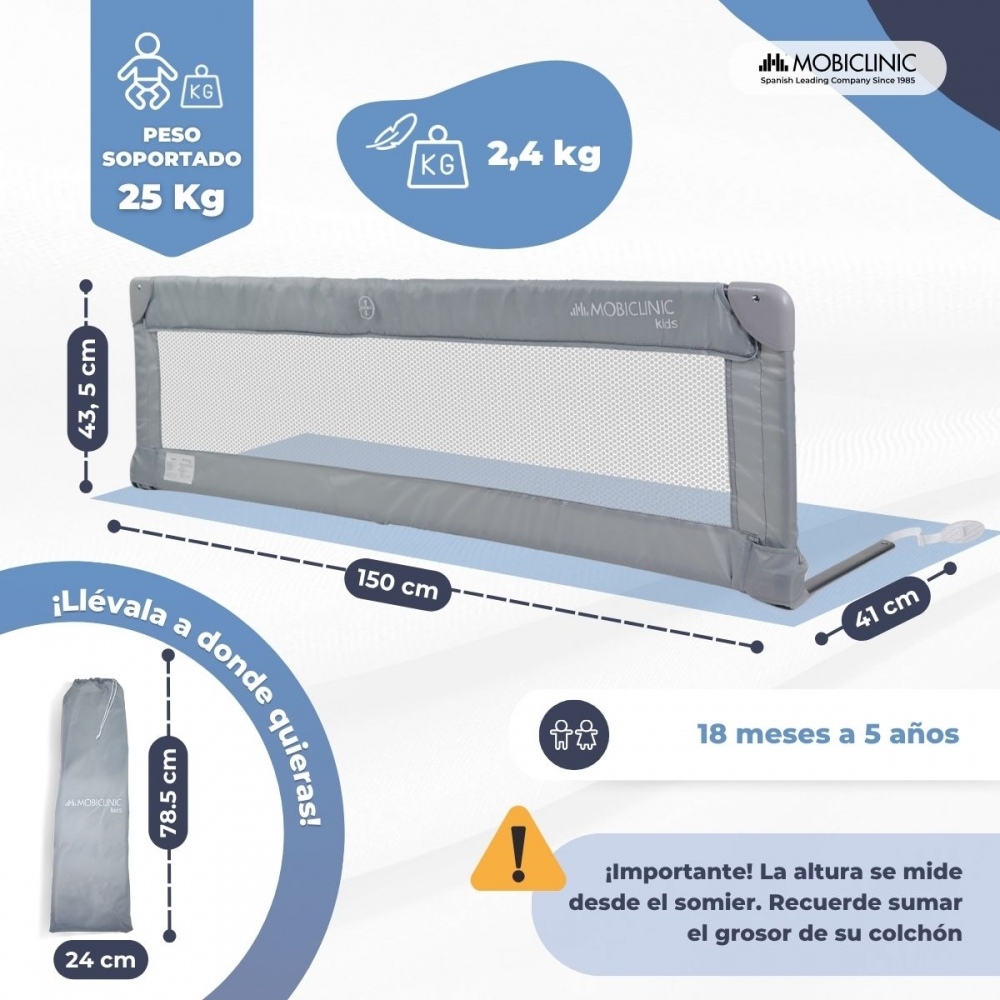 Barrera de cama gris de 150x43,5 cm, soporta 25 kg.