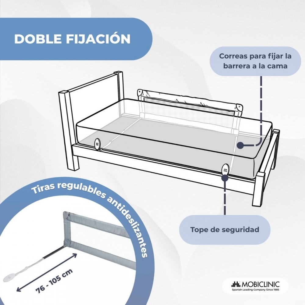 Ilustración de una barrera de cama con correas de fijación y antideslizantes.