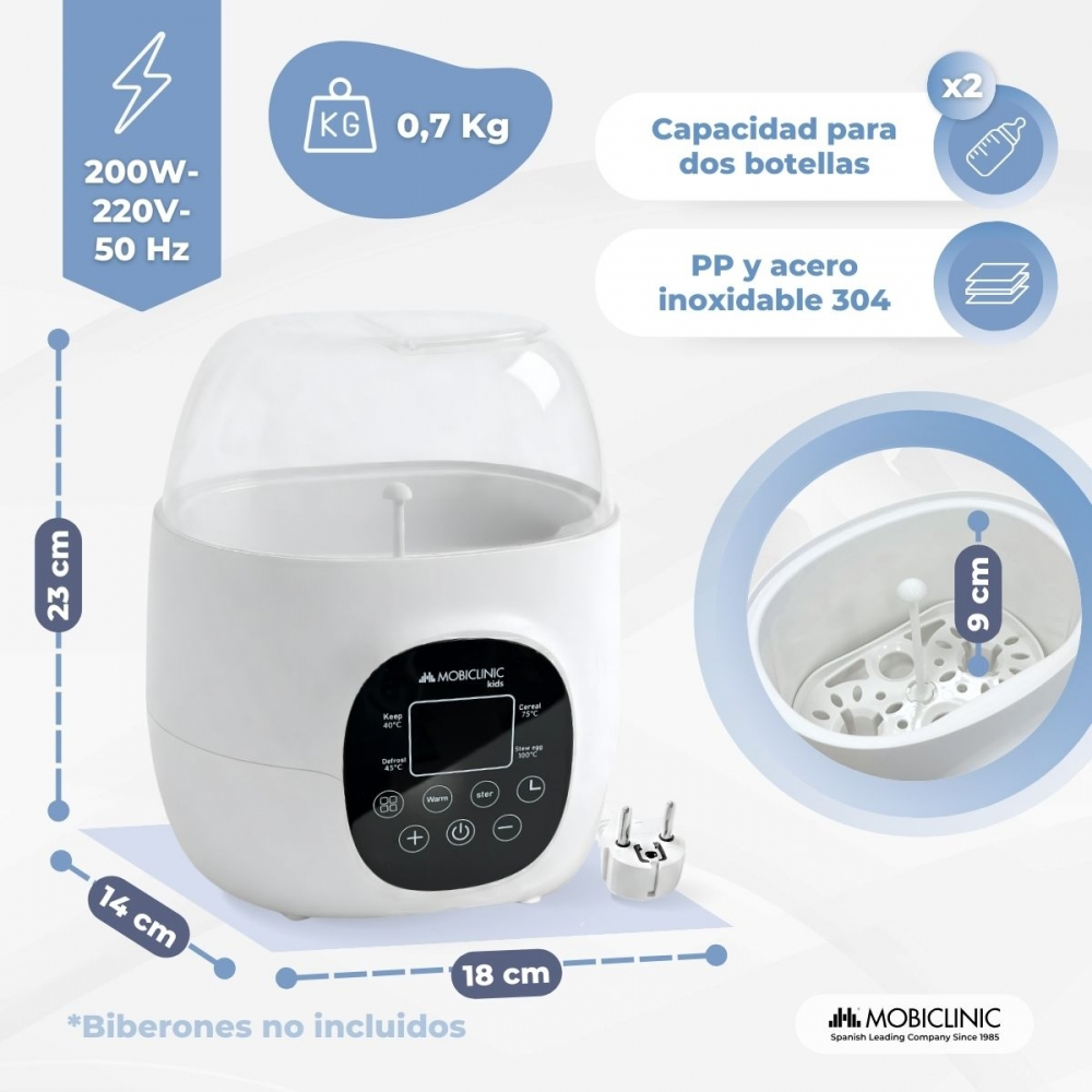 Un esterilizador blanco para biberones con tapa transparente, medidas y funciones.