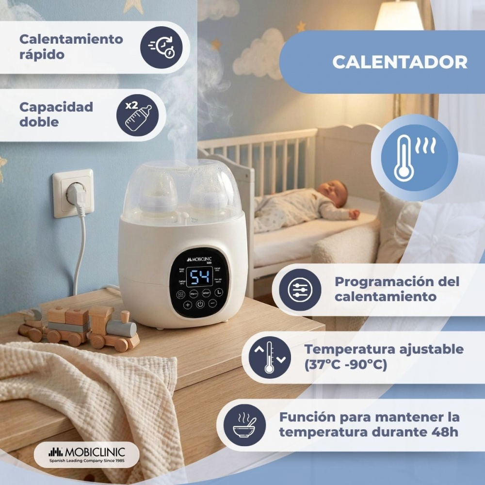 Un calentador de biberones con dos biberones en una mesita de noche, junto a un bebé en una cuna.