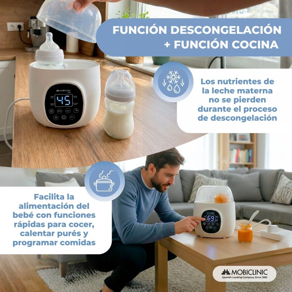 Un calienta biberones con funciones de descongelación y cocina. Un hombre lo usa.