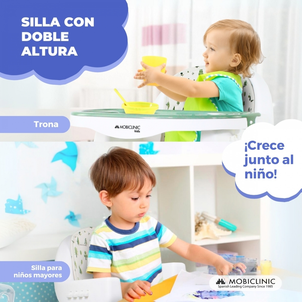 Dos niños en tronas: un bebé bebe de un vaso, un niño pequeño pinta.