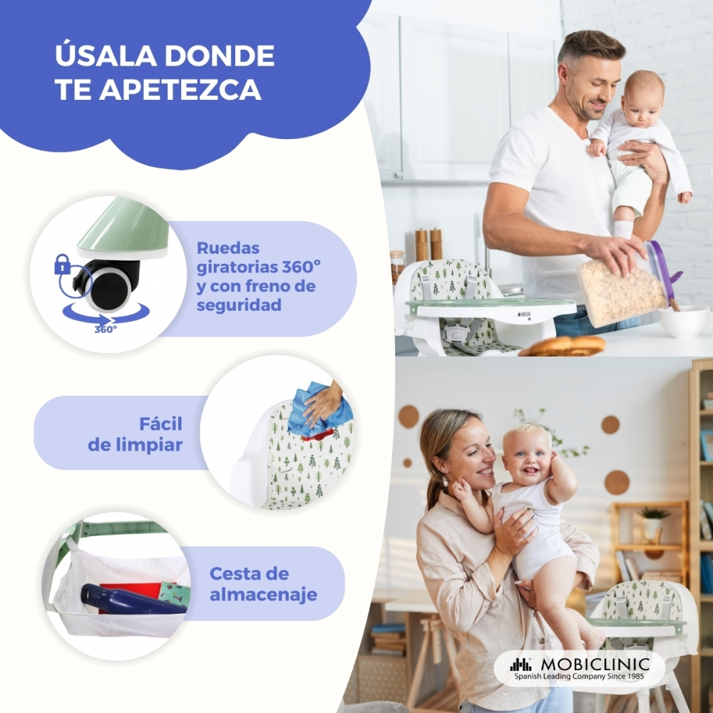 Hombre con bebé; mujer con bebé; trona con ruedas, limpieza y almacenamiento.