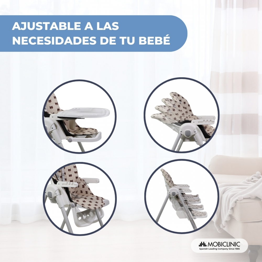 Trona blanca con estampado de animales, con varias posiciones.