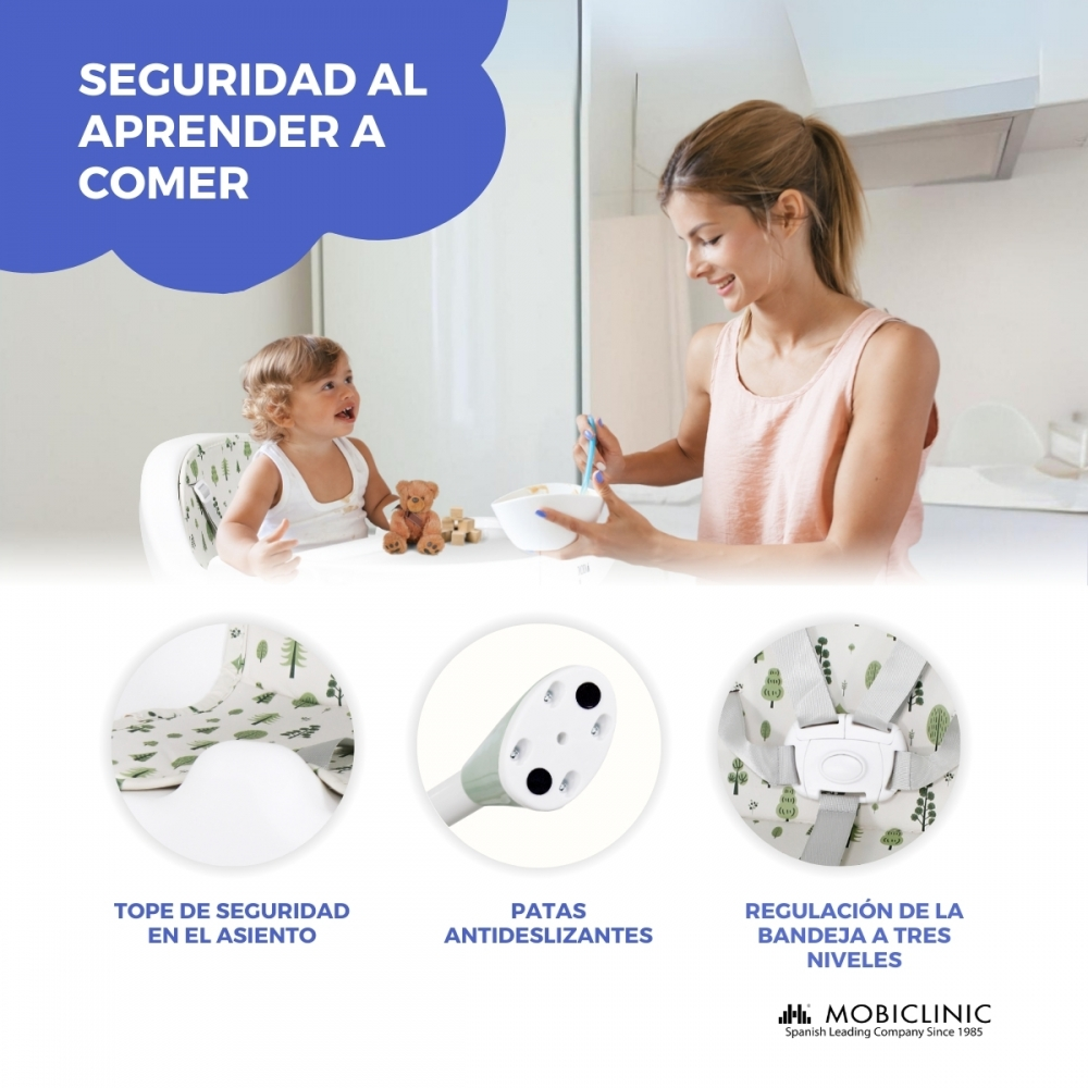 Madre alimentando a niño en trona. Características: tope de asiento, patas antideslizantes, bandeja regulable.