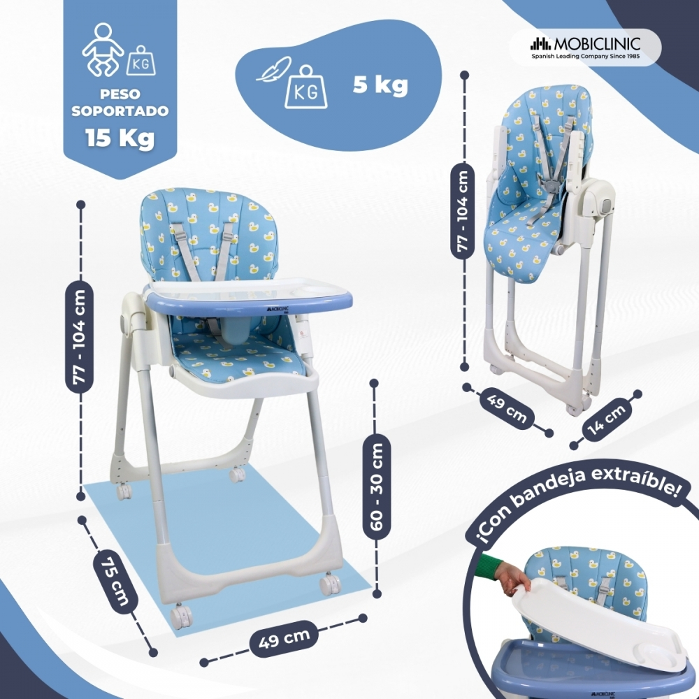 Una trona azul y blanca con estampado de patos, altura ajustable y bandeja extraíble.