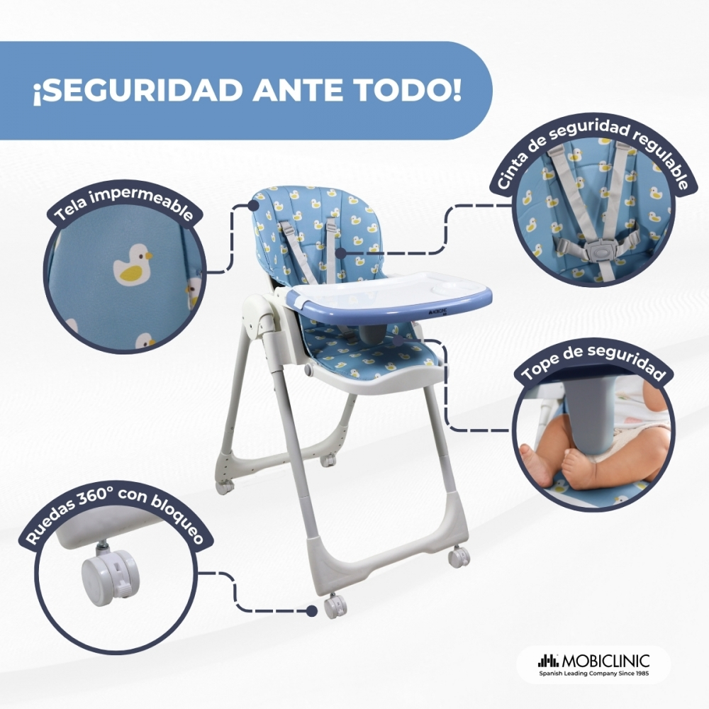 Silla alta azul con estampado de patos, correas ajustables y ruedas.
