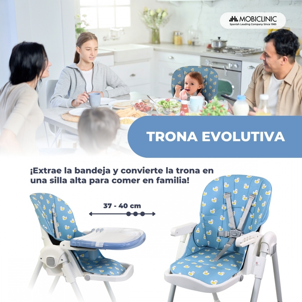 Familia en mesa con bebé en trona; detalle de trona al lado.