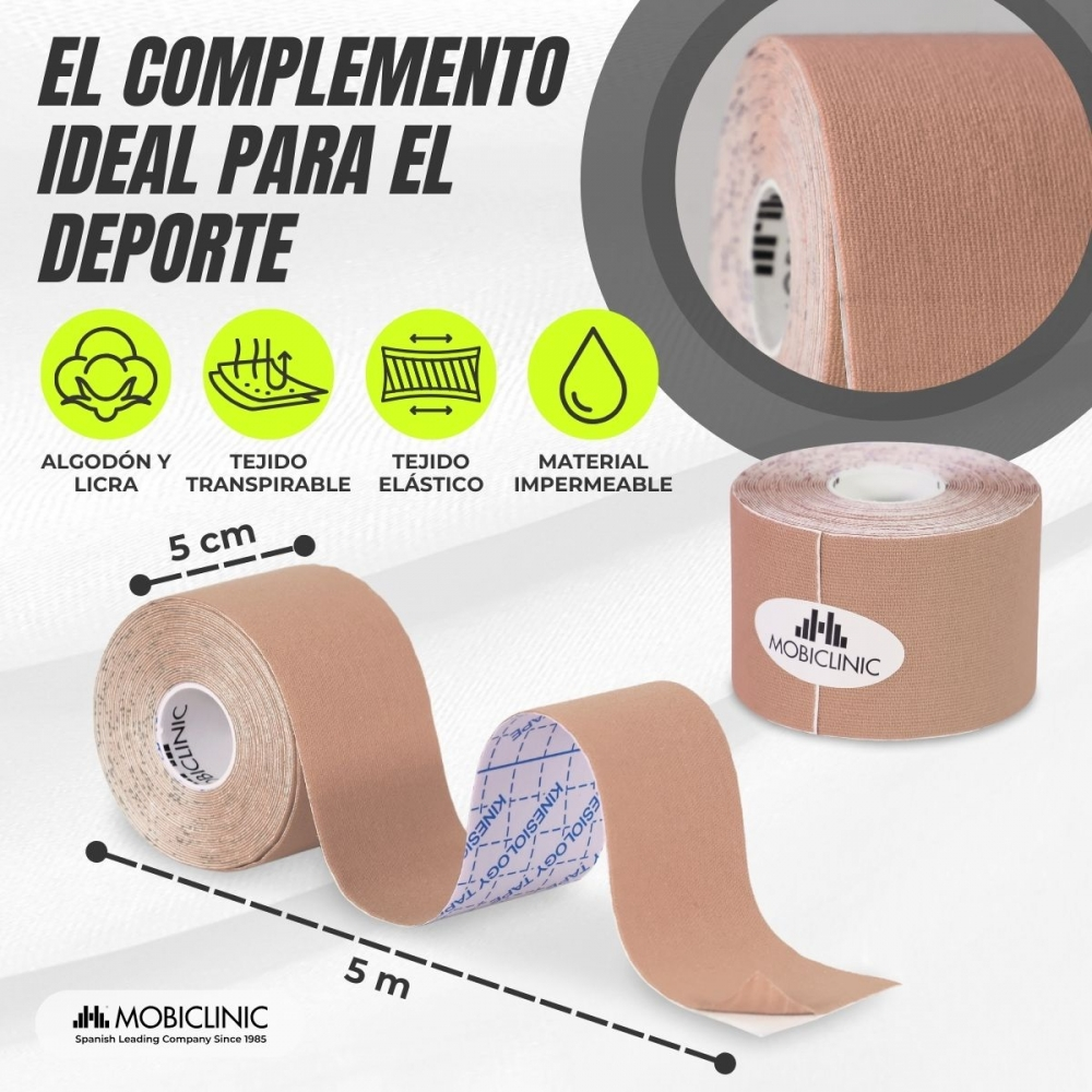 Rollo de cinta Kinesio beige, 5cm de ancho y 5m de largo, con cuatro iconos.