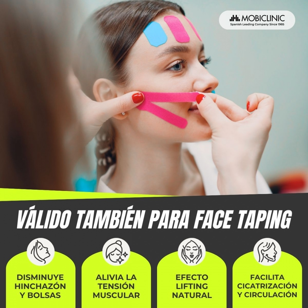 Una mujer recibe taping facial con cintas rosas y azules. Texto abajo describe beneficios.