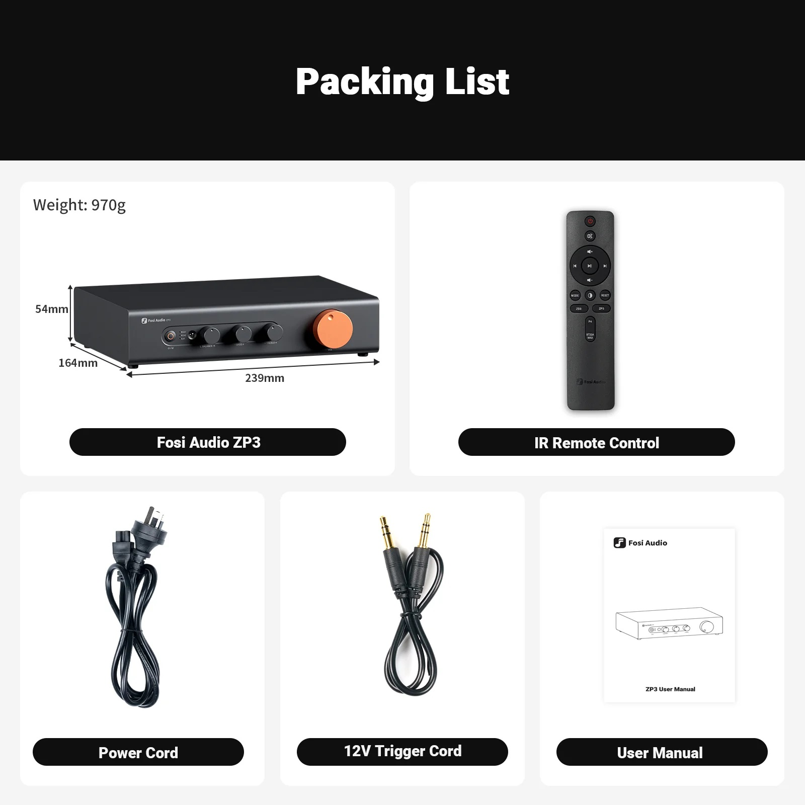 Lista de empaque con amplificador, control remoto, cable de alimentación y manual.