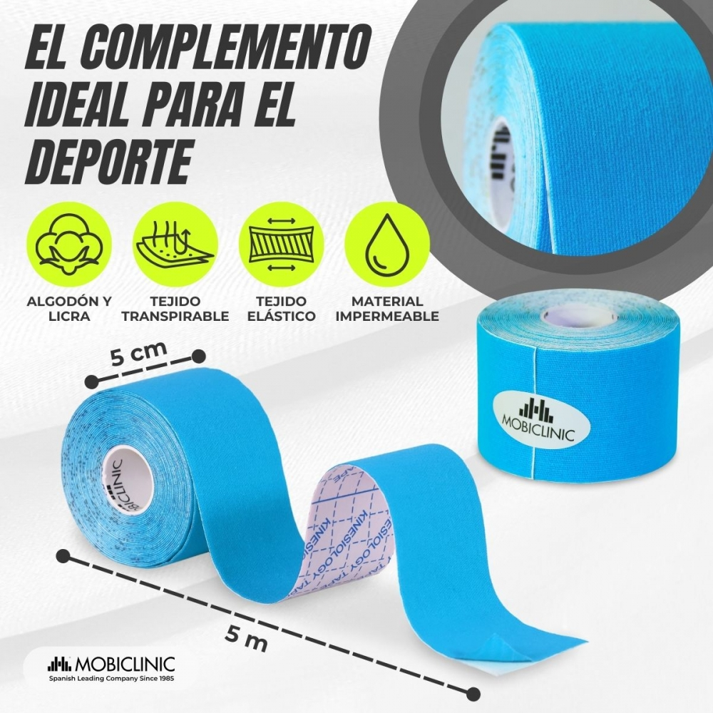 Cinta Kinesiológica azul, 5 cm de ancho, 5 m de largo, con iconos de algodón, transpirable.