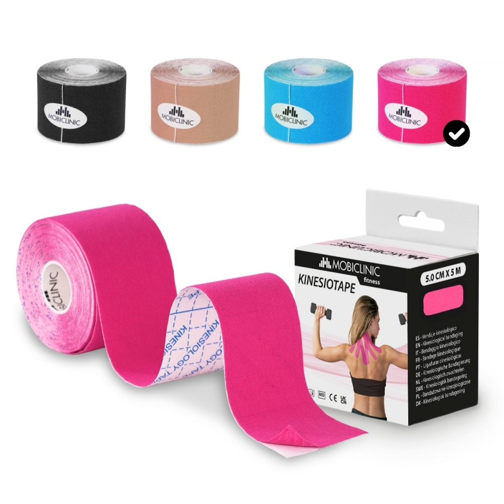 Cuatro rollos de cinta kinesiológica en rosa, negro, beige y azul. Un rollo está desenrollado.