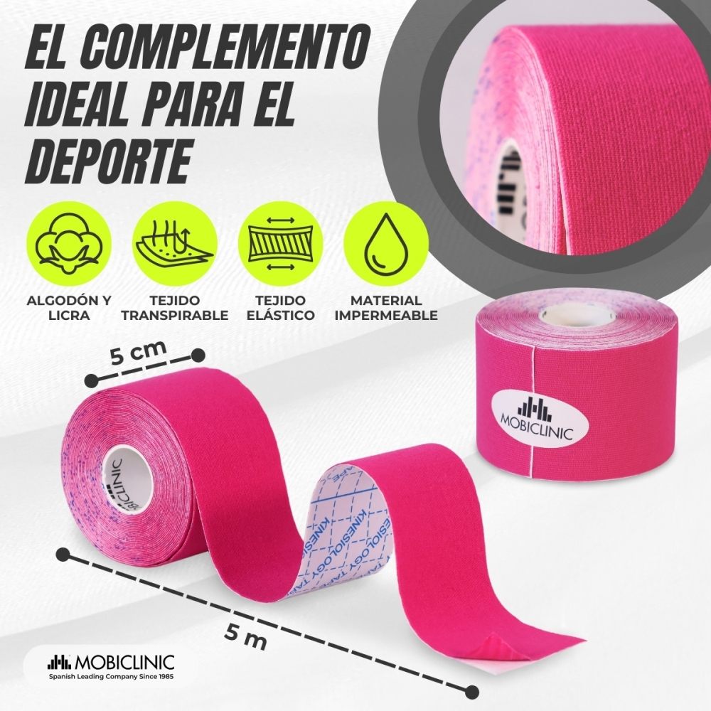 Cinta kinesiológica rosa en rollo, con marcas de tamaño y características.