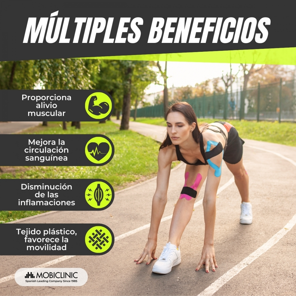 Corredora con vendaje kinesiológico en pista, enumerando múltiples beneficios.