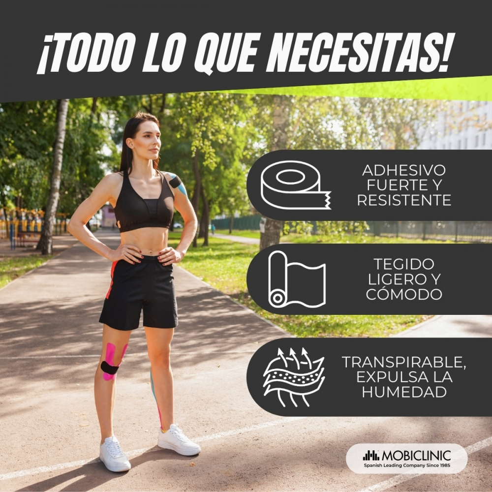 Atleta con vendaje neuromuscular en pista de atletismo, muestra beneficios.