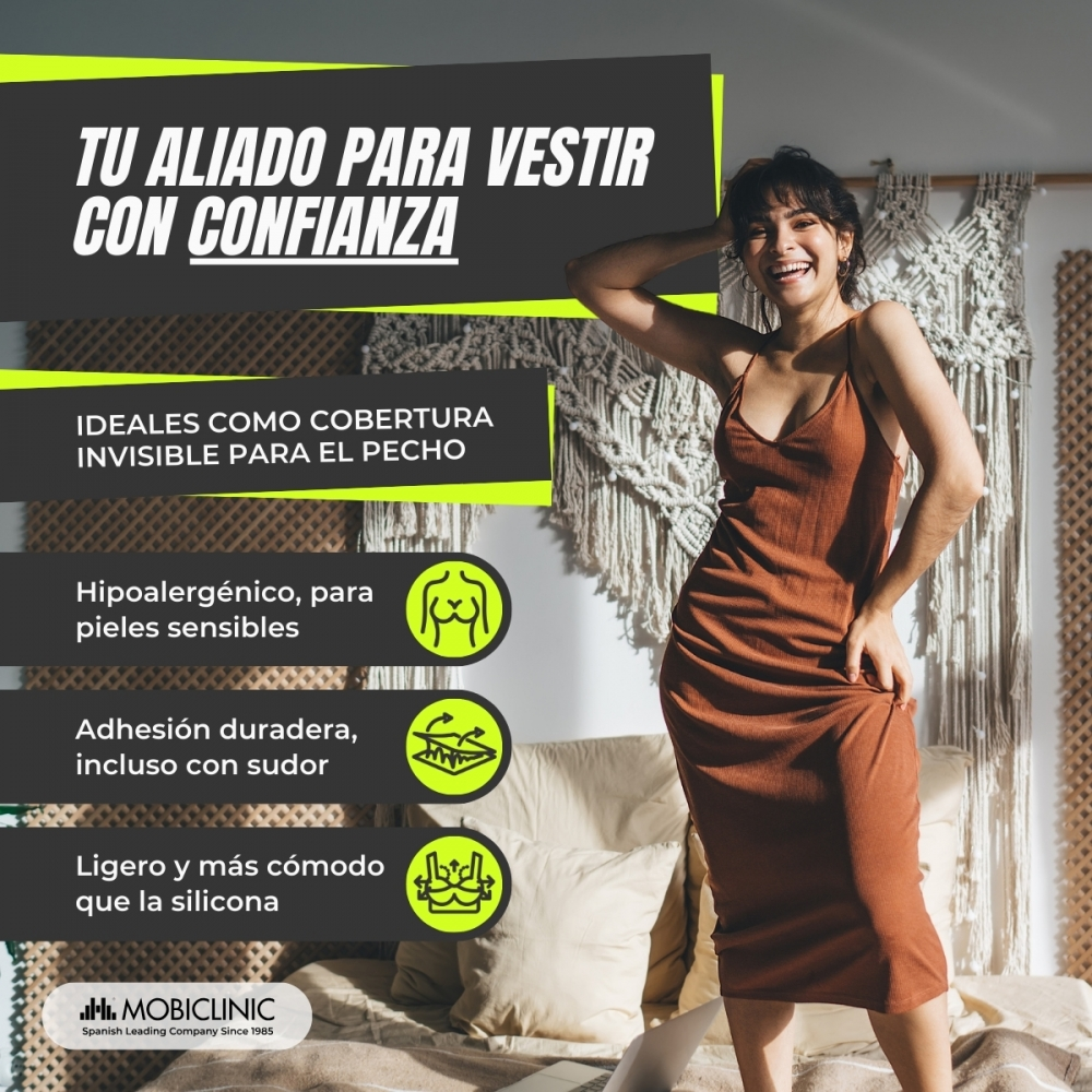 Mujer sonriente en vestido marrón, con texto sobre cobertura.