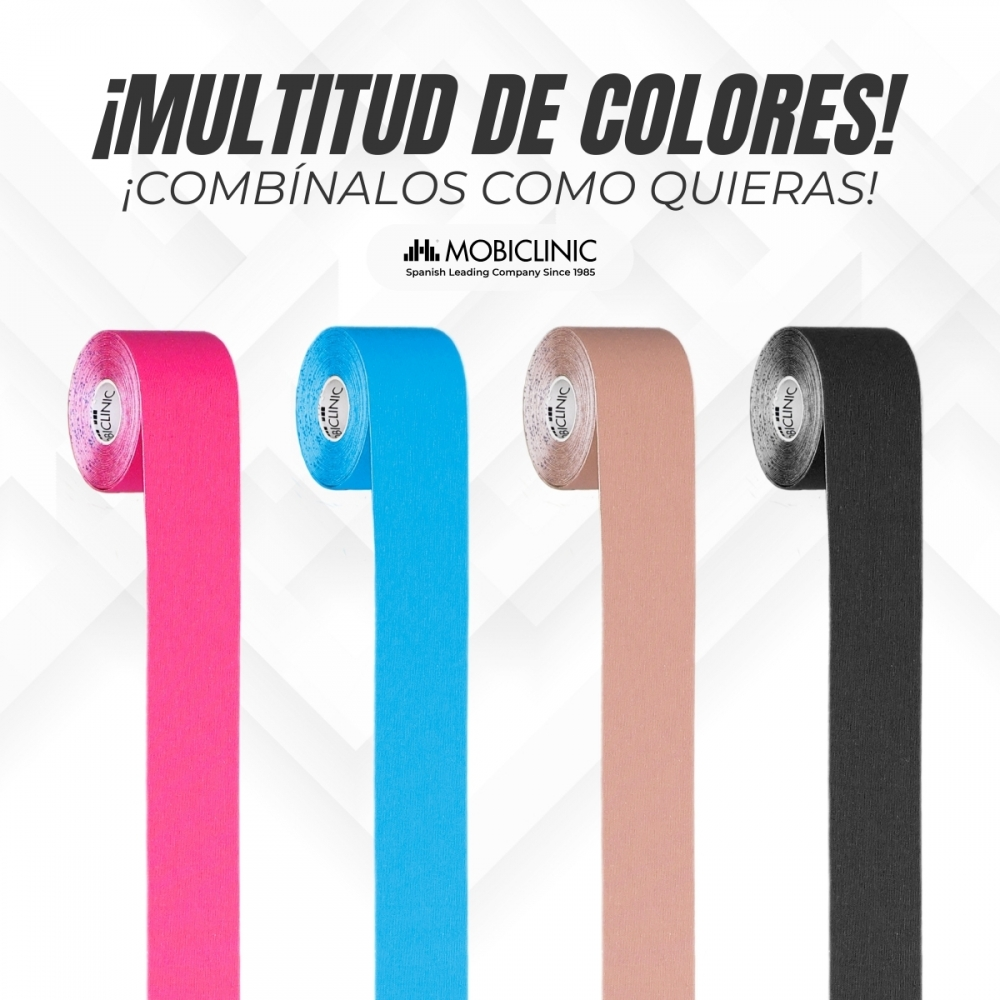 Cuatro rollos de cinta kinesiológica en rosa, azul, tono piel y negro.