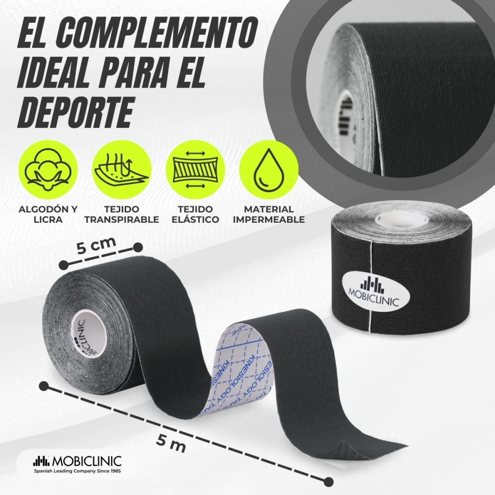 Rollo de cinta kinesiológica negra, 5cm ancho y 5m largo.