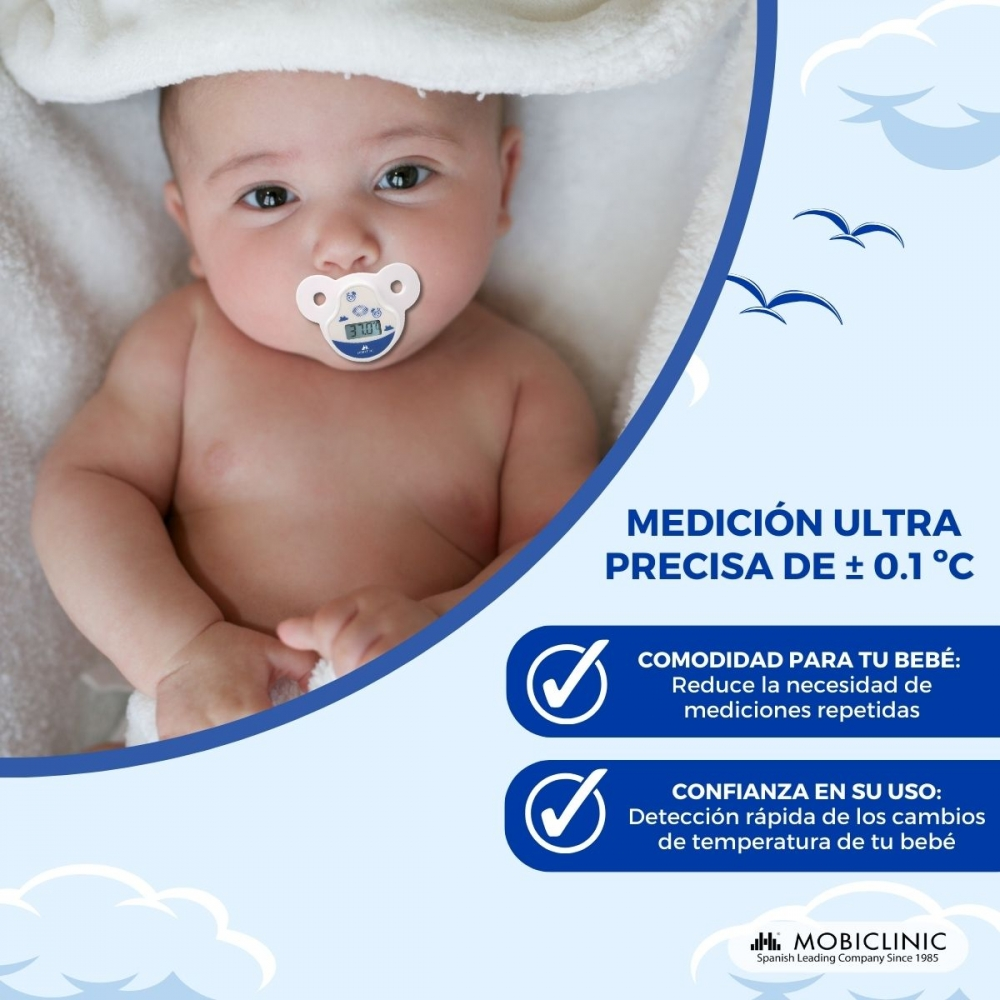 Bebé con termómetro chupete. Medición ultraprecisa de ± 0,1 °C.