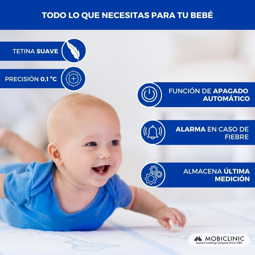 Bebé sonriente en azul. Características: tetina suave, precisión 0,1°C, autoapagado, alarma.