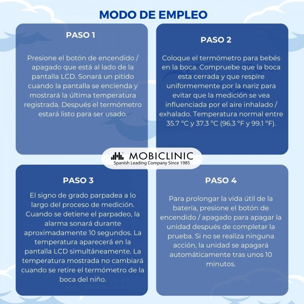 Instrucciones: Encender, medir temperatura oral, finalizar medición y apagar.