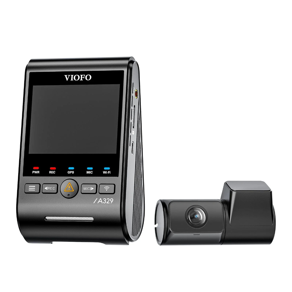 Twee zwarte VIOFO dashcams: één verticaal met scherm, één horizontaal met lens.