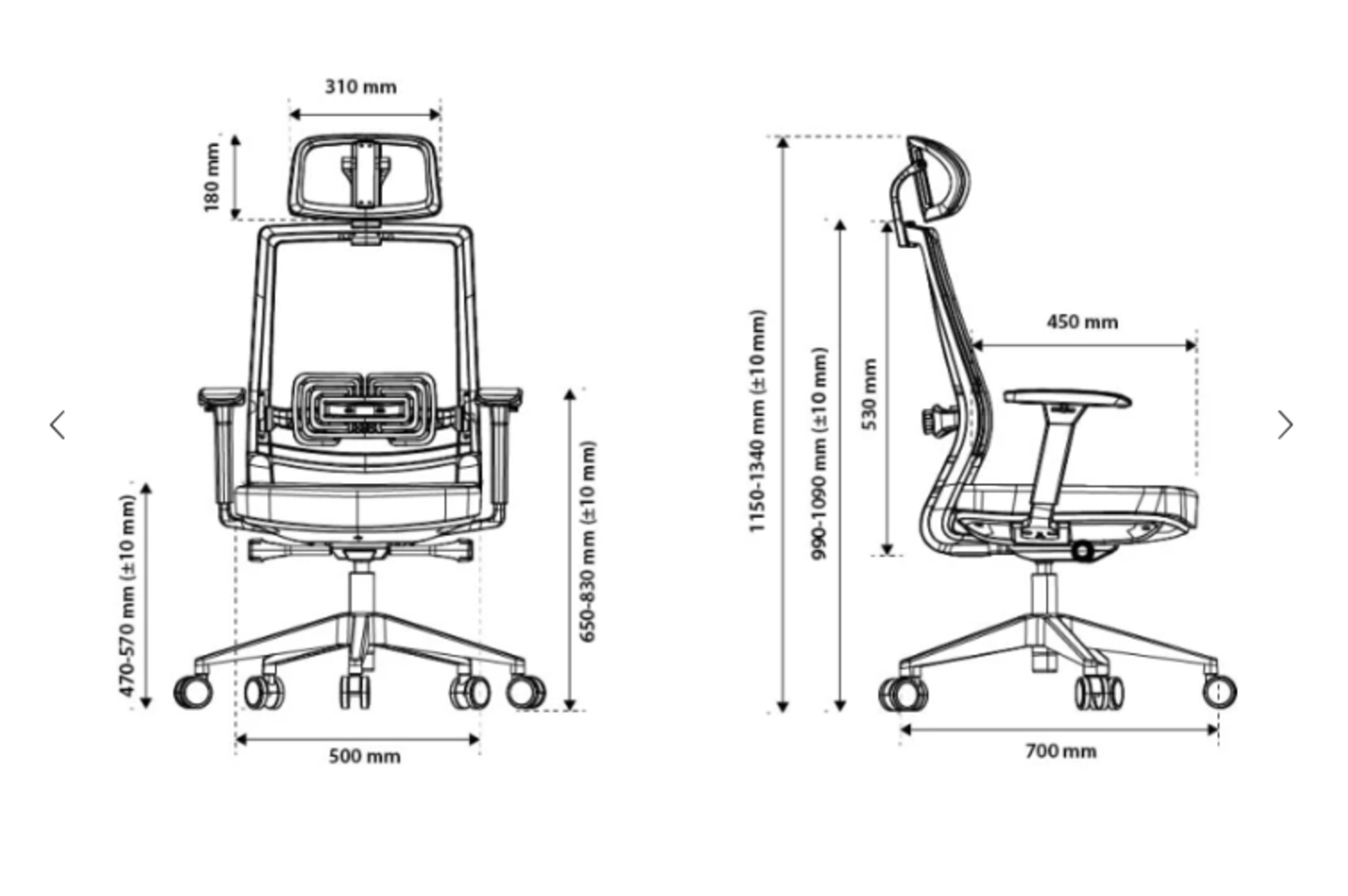 Rysunek techniczny krzesła biurowego z wymiarami szerokości, wysokości i głębokości.