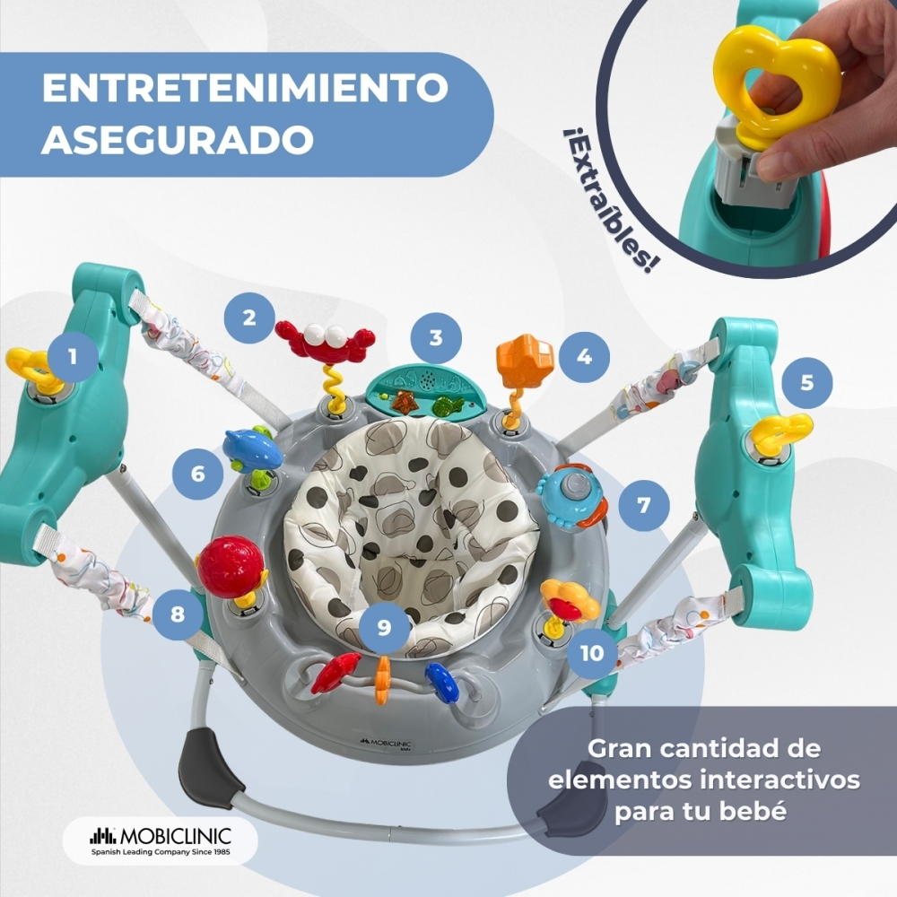 Centro de actividades para bebés con muchos juguetes y elementos interactivos.