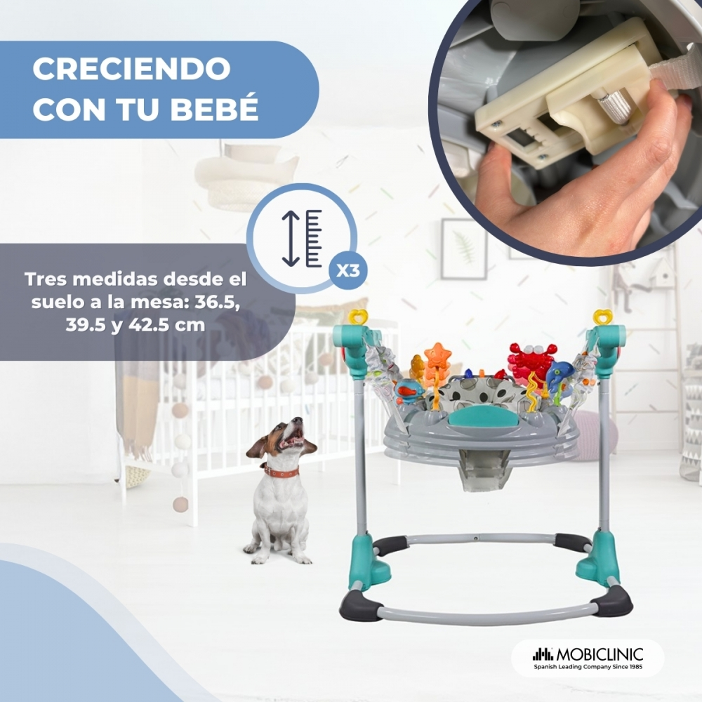 Un perro se sienta ante un saltador para bebés con juguetes coloridos. Se indican medidas.