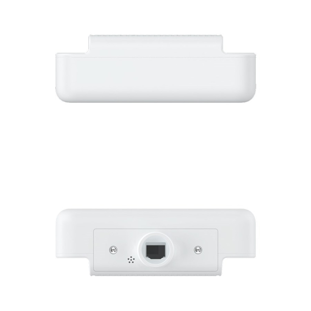 Widoki z góry i z dołu białego urządzenia z portem Ethernet i złączami ładowania.