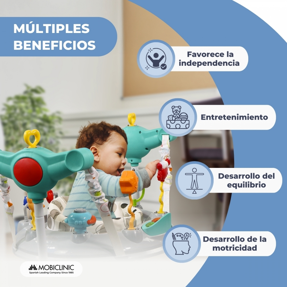 Bebé en saltador, destacando beneficios: independencia, entretenimiento, equilibrio y motricidad.