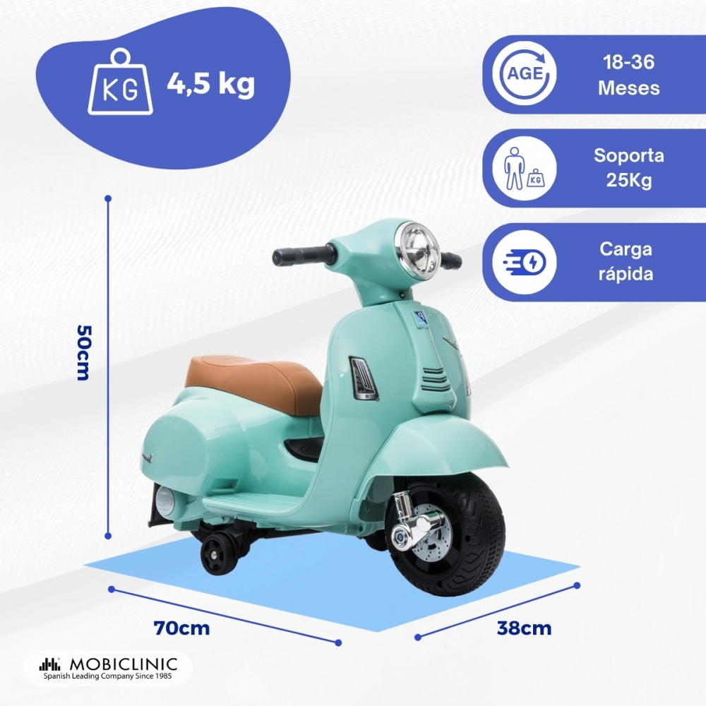 Patinete infantil verde claro con asiento marrón, 50cm alto, 70cm ancho.