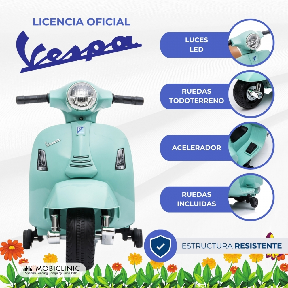 Un patinete Vespa verde menta con luces LED, ruedas todoterreno y acelerador.