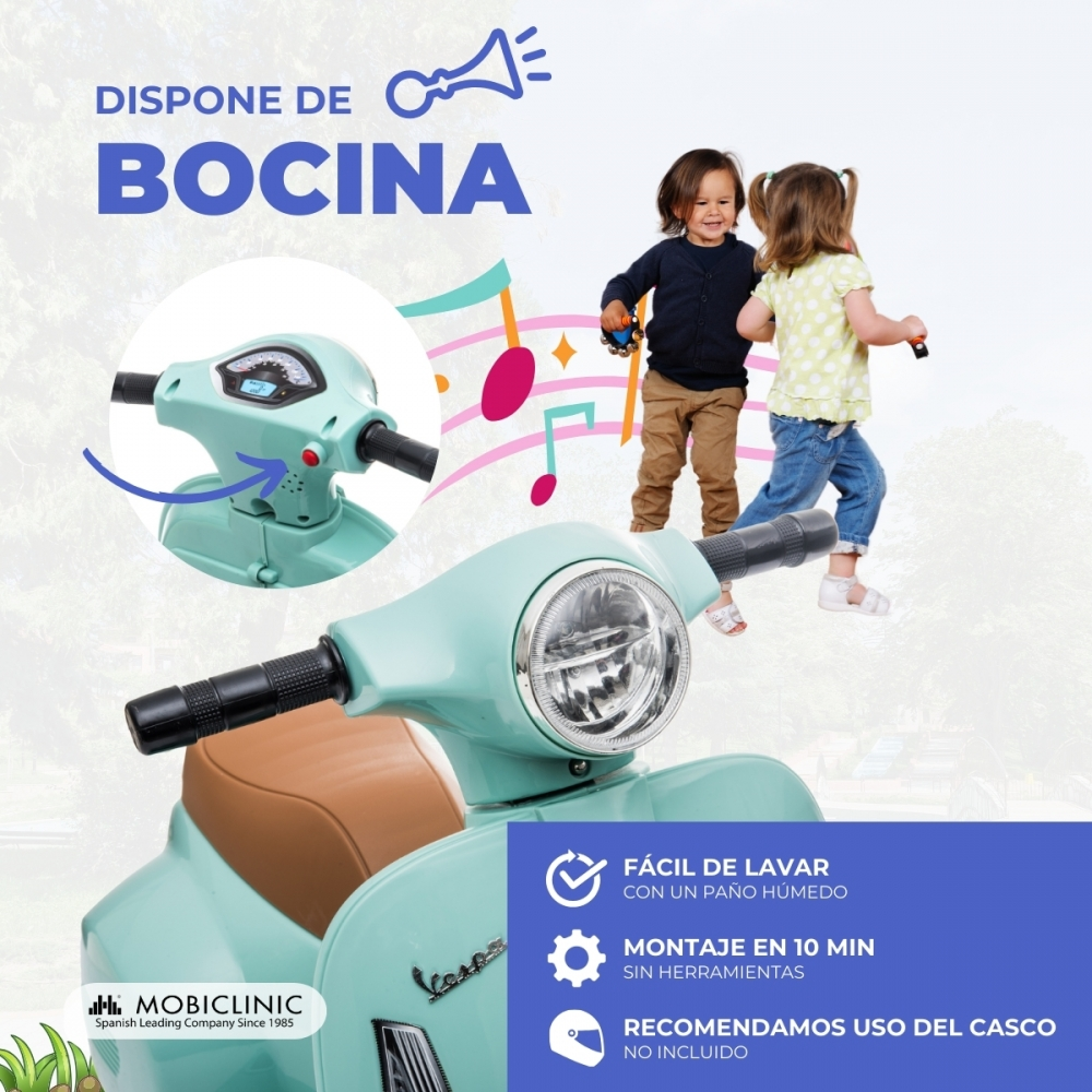 Un patinete de juguete verde menta con dos niños. Fácil de lavar, montaje en 10 min.