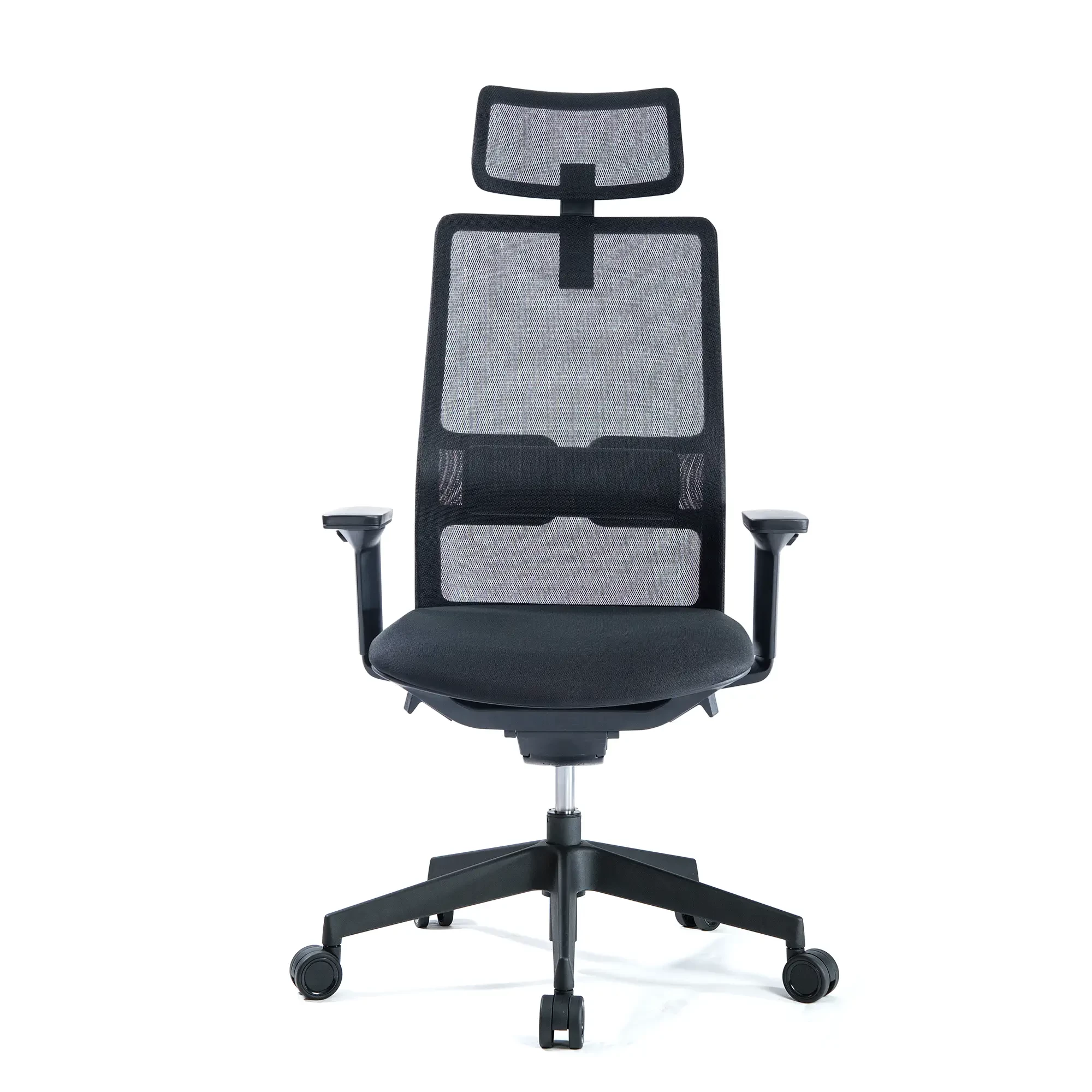 Czarny fotel biurowy z siatkowym oparciem i regulowanym zagłówkiem.
