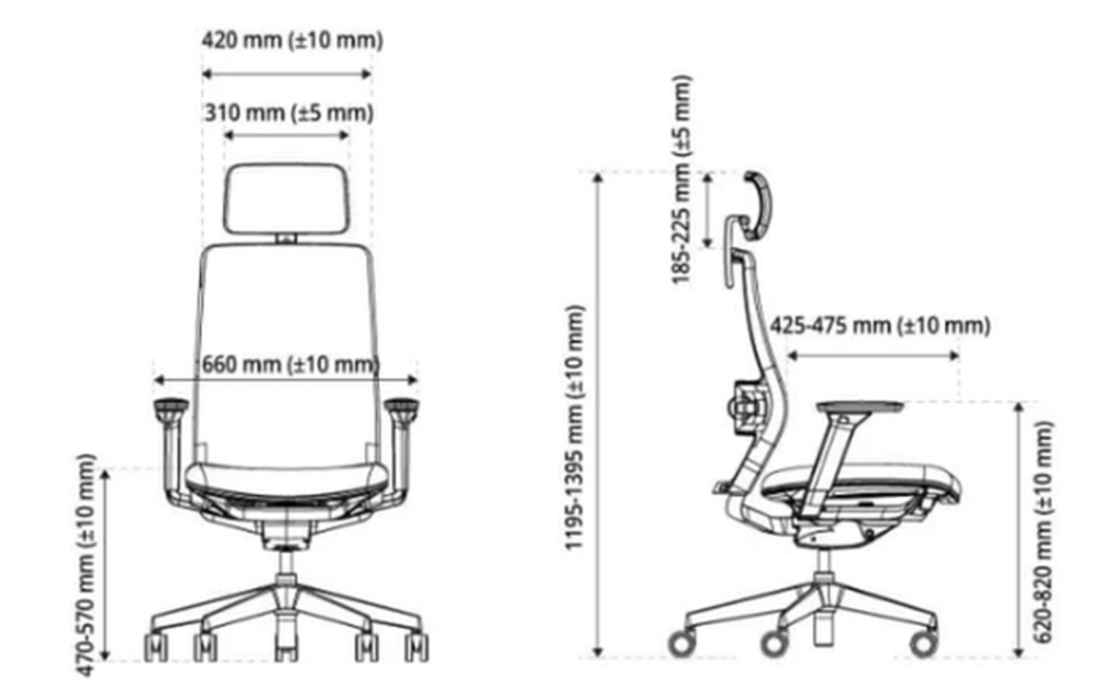 Rysunek techniczny krzesła biurowego z wymiarami.