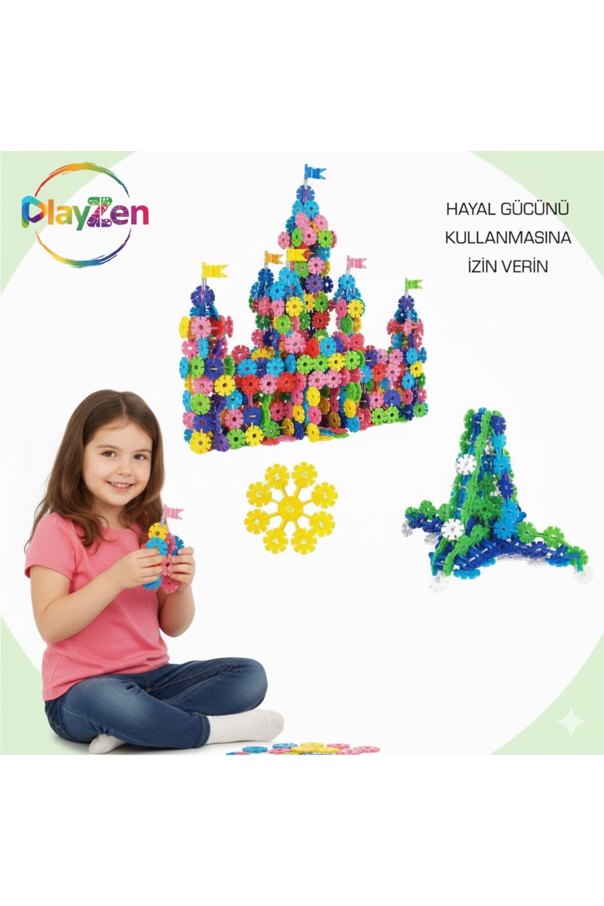 Renkli dişlilerle oynayan oturan bir kız; arkada bir kale.