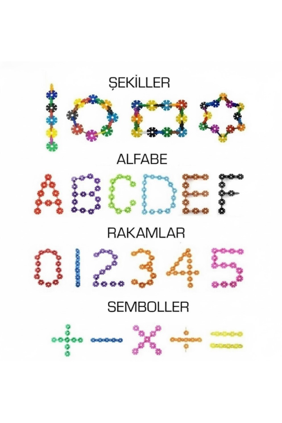 Renkli dişliler harfler, rakamlar, semboller ve şekiller oluşturuyor.