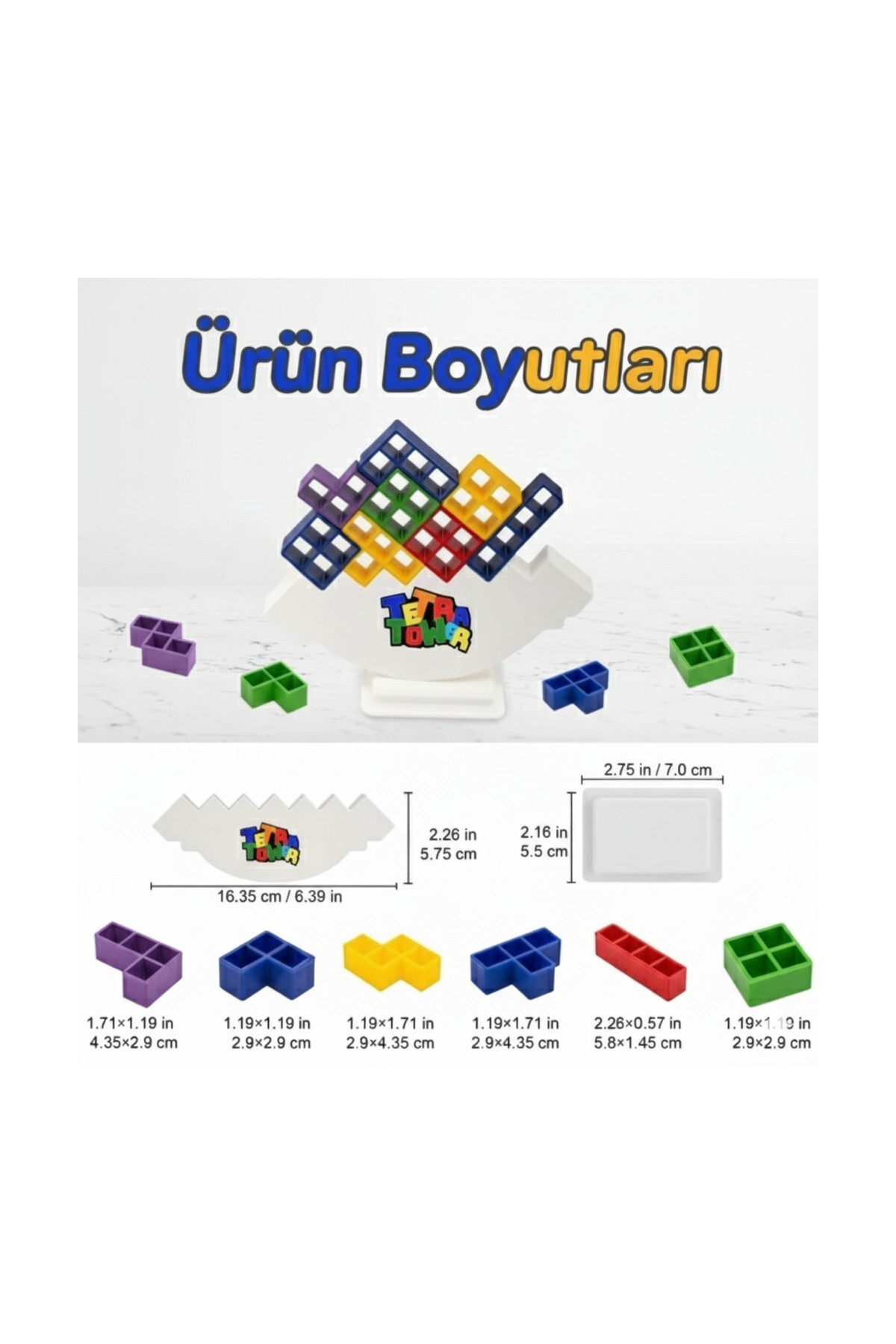 Renkli yapı taşları ve ürün boyutları çeşitli ölçülerde gösteriliyor.