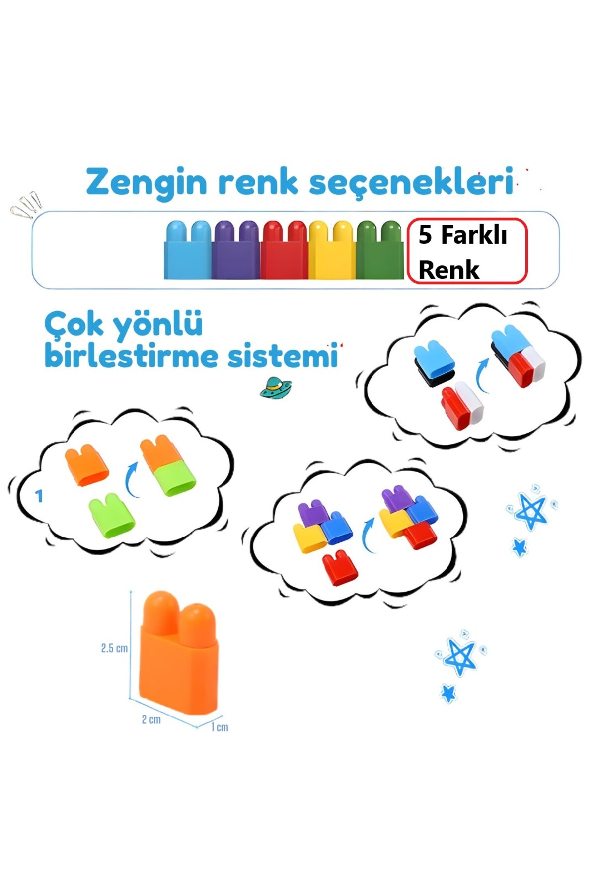 Çeşitli bağlantıları gösteren renkli yapı taşları gösterilmektedir.