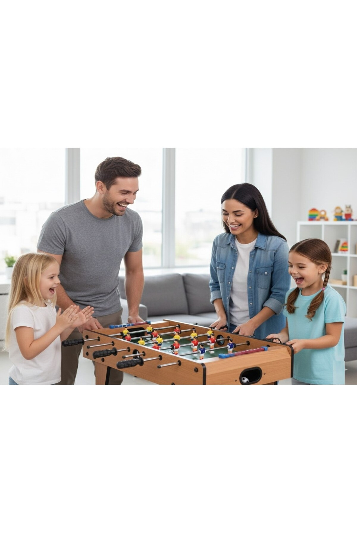 Aile oturma odasında langırt oynuyor, gülüyor ve mutlu.
