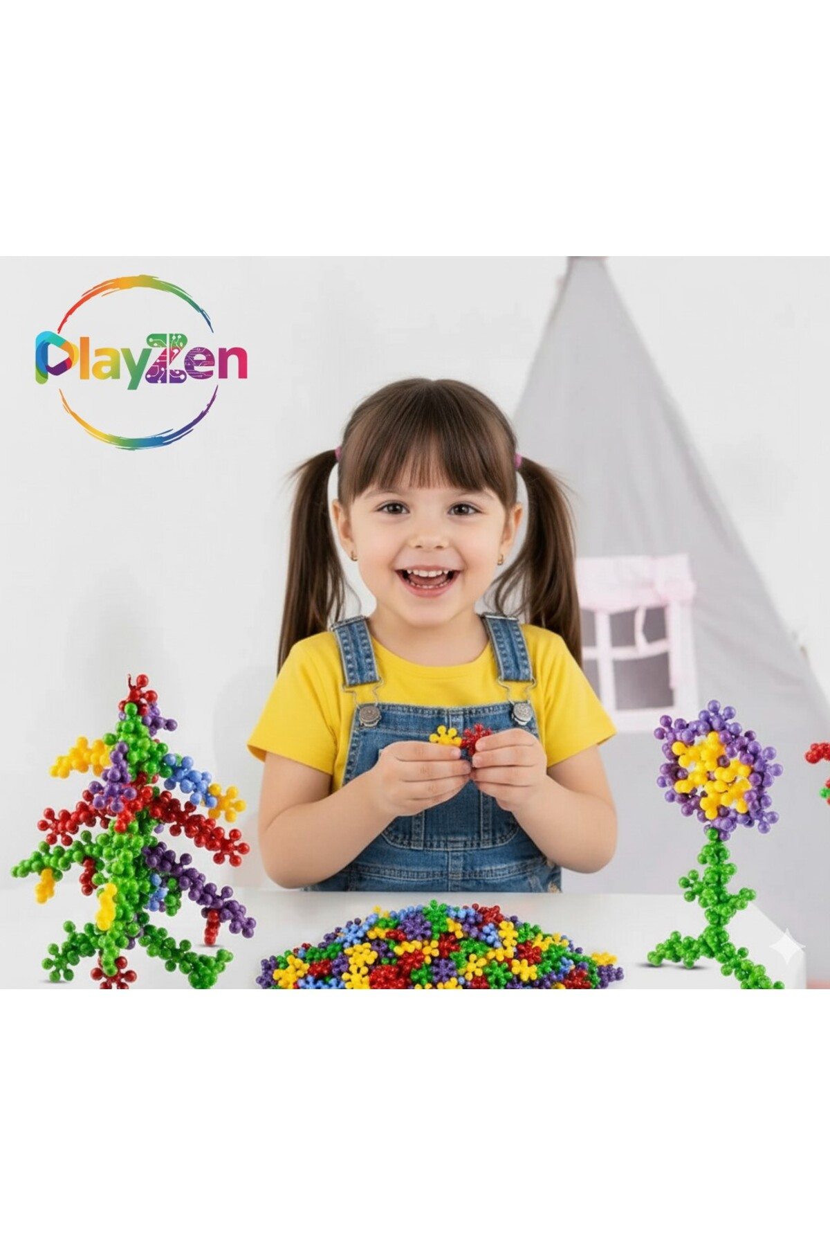 Tulum giymiş gülümseyen bir kız, renkli yapı taşlarıyla çiçek yapıyor.