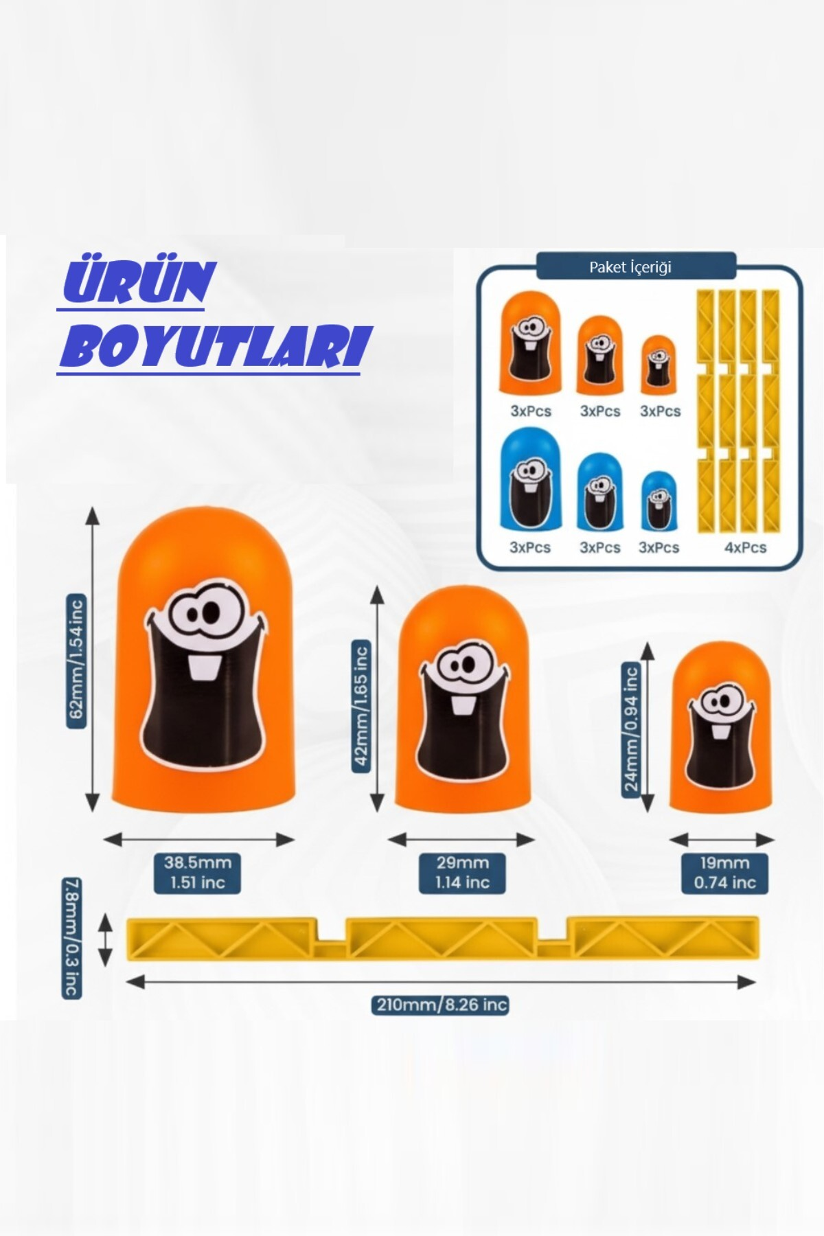 Turuncu ve mavi figürler ile sarı tutucuları gösteren boyut tablosu.
