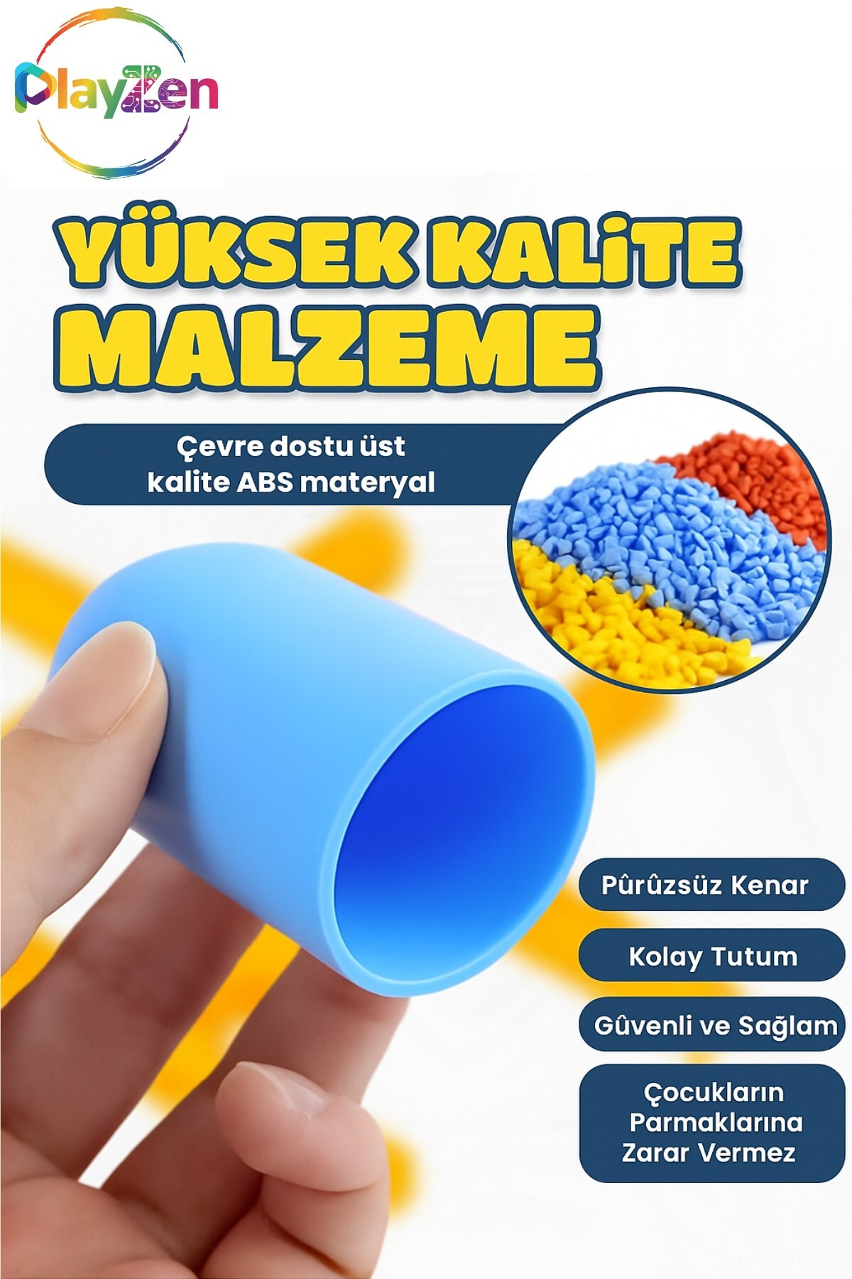 Mavi tüp elde tutuluyor. Arkada renkli granüller.