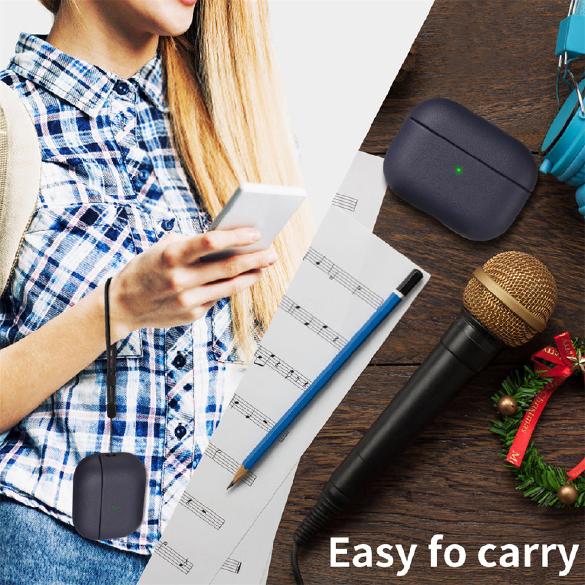 Eine Frau mit Handy, Noten, Mikrofon, Kopfhörer und Ladebox.