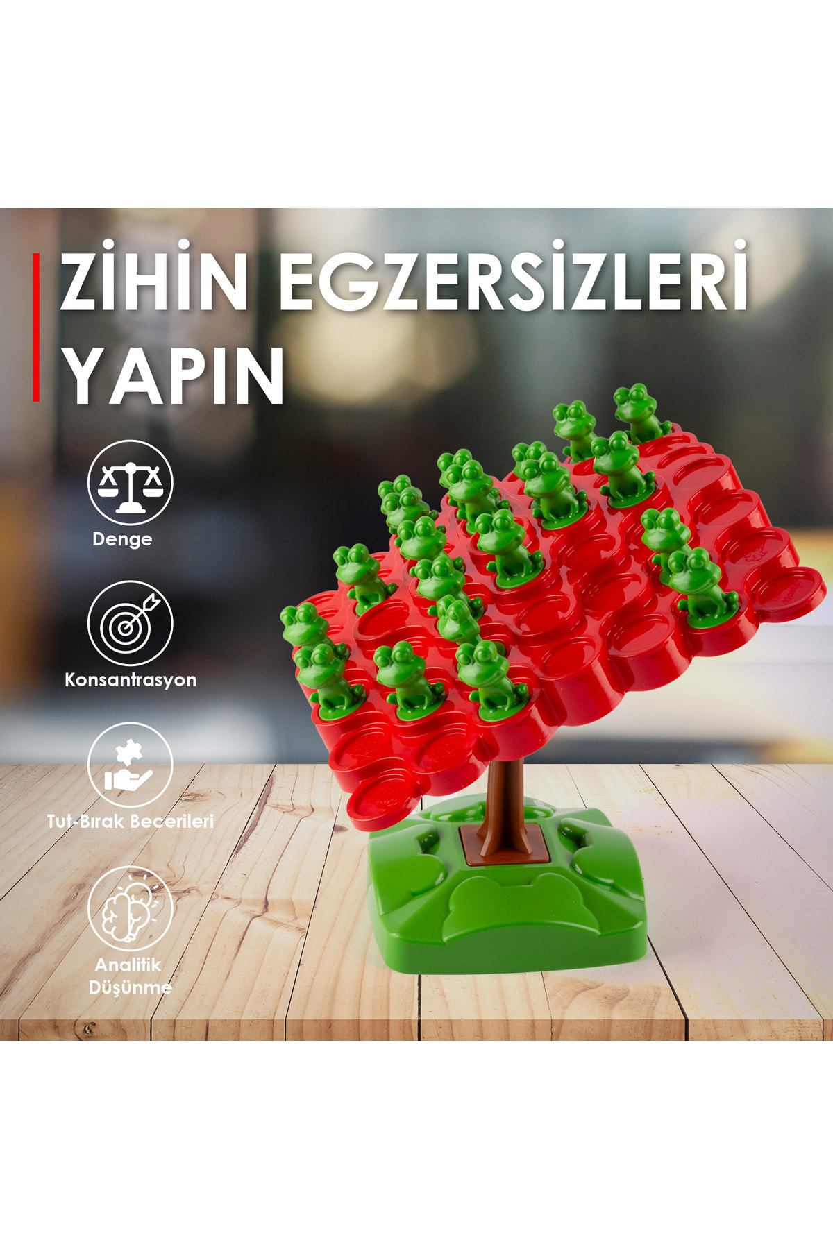 Kırmızı platformlarda çok sayıda küçük yeşil kurbağanın olduğu bir oyun.