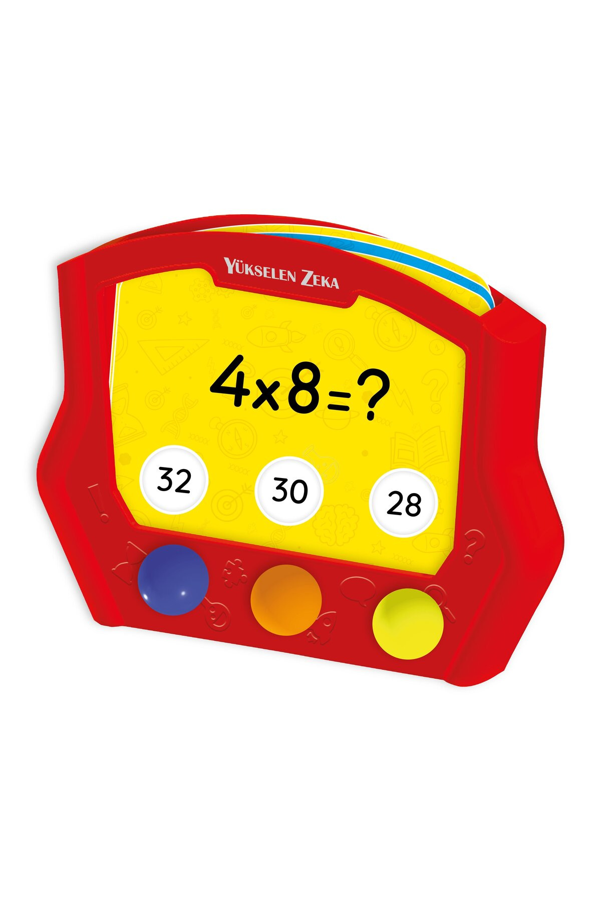 4x8=? matematik problemi ve 32, 30, 28 seçenekleri olan kırmızı bir oyuncak.